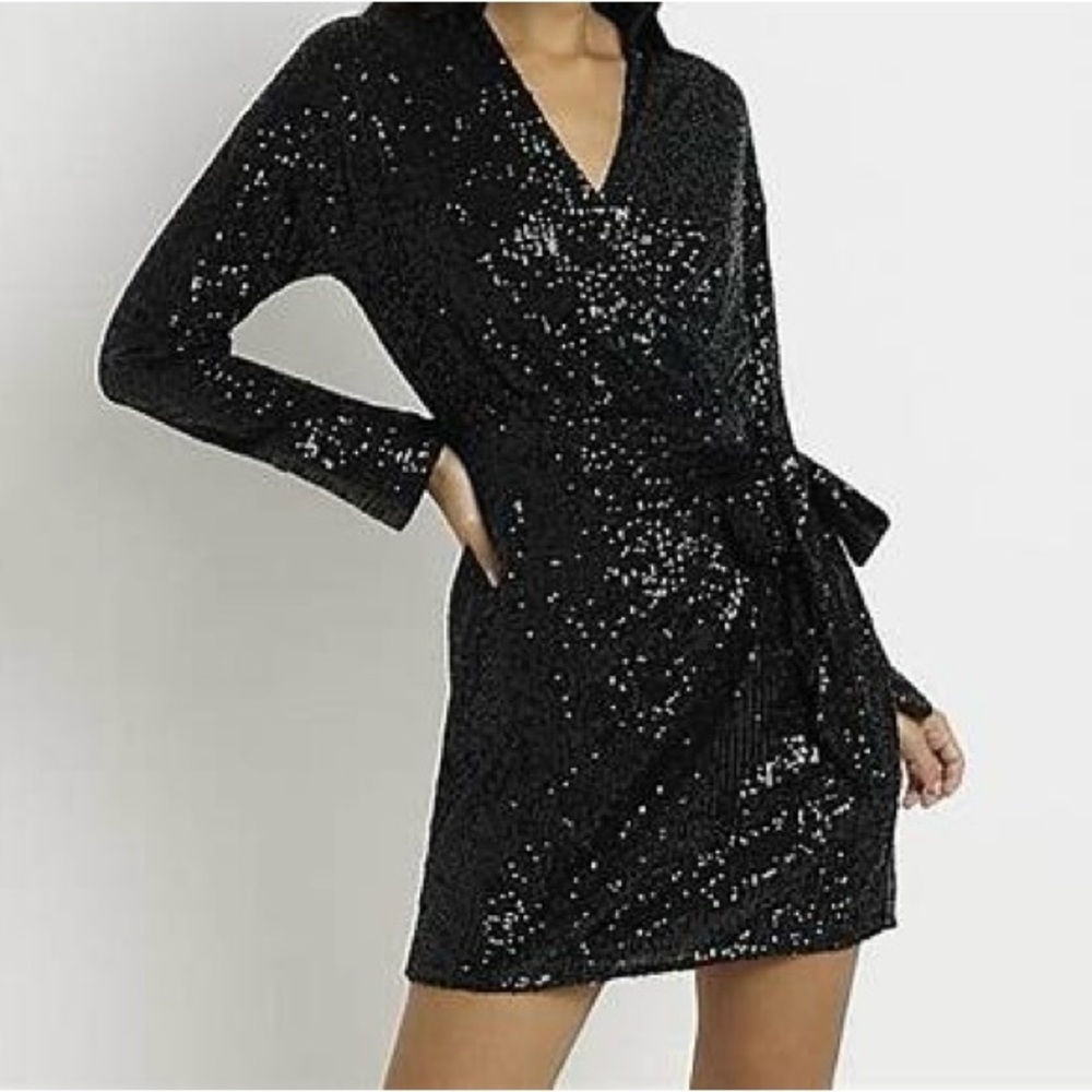 Blu Pepper Black Sequin Mini Wrap Dress